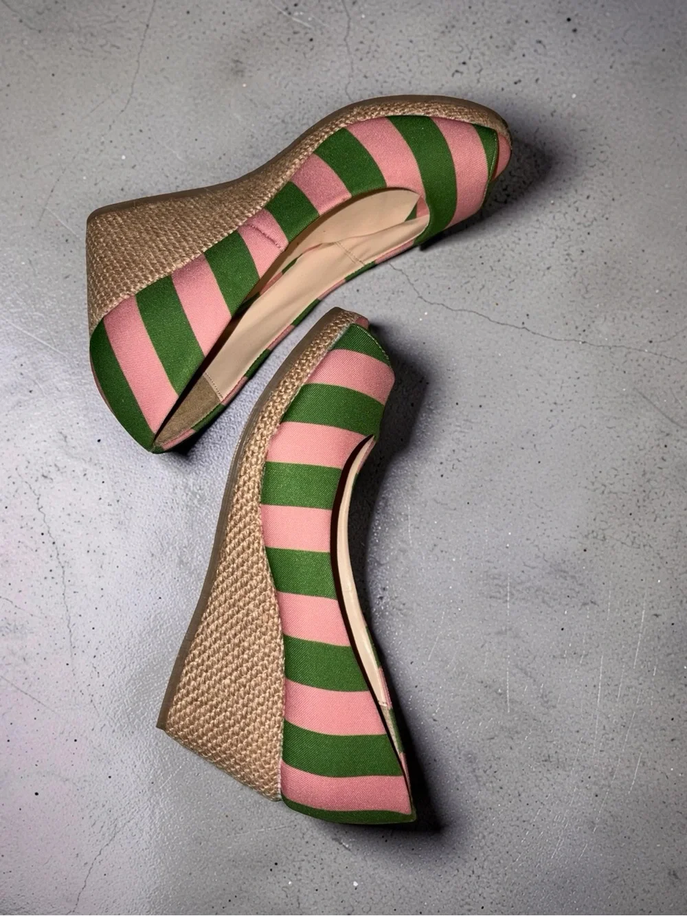 Striped Pink & Green Espadrille Wedge Shoes